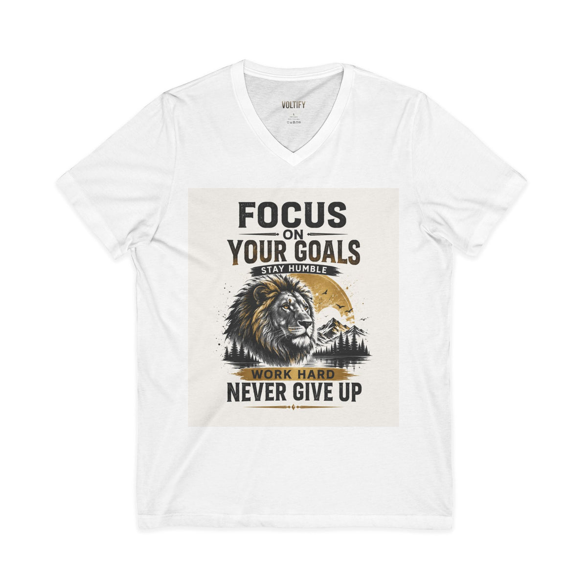 Motivational Lion V-Neck Tee — "Focus Your Goals, Never Give Up"