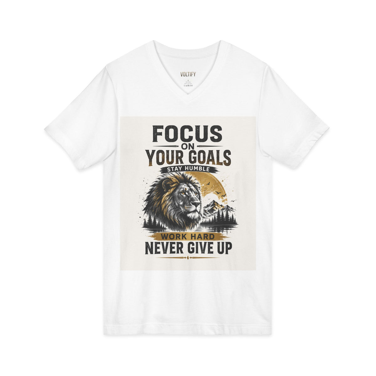 Motivational Lion V-Neck Tee — "Focus Your Goals, Never Give Up"