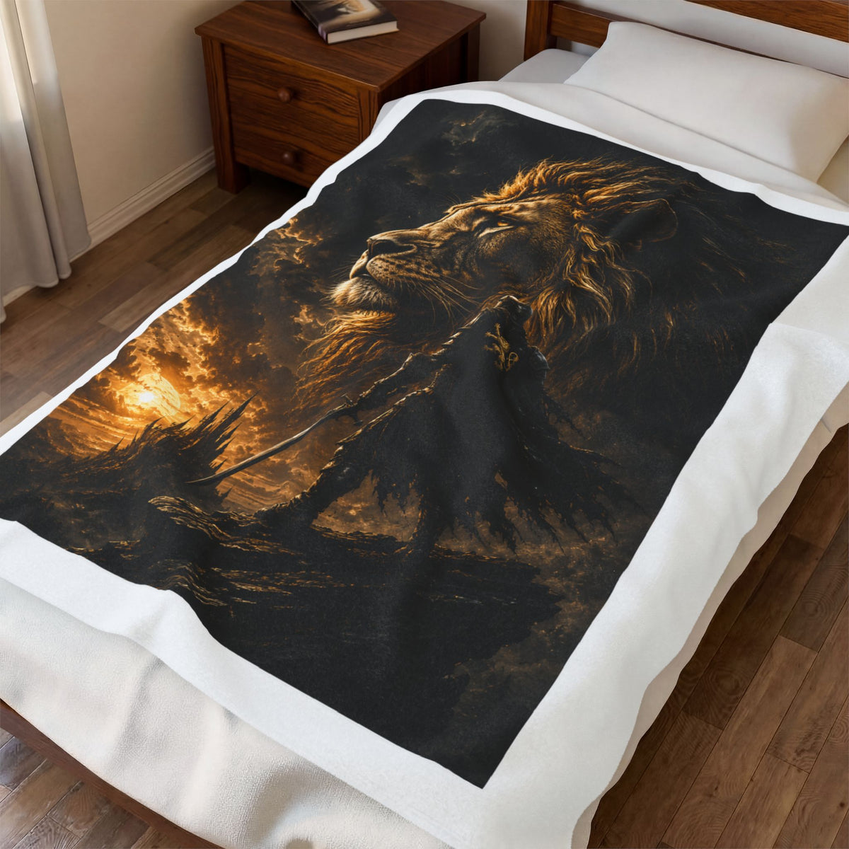 Lion Portrait Velveteen Plush Blanket — Majestic Sunset Mane Throw
